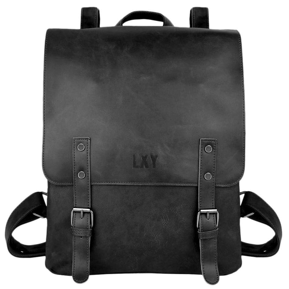 Mochila LXY Vintage Vegan Leather para mulheres e homens preta