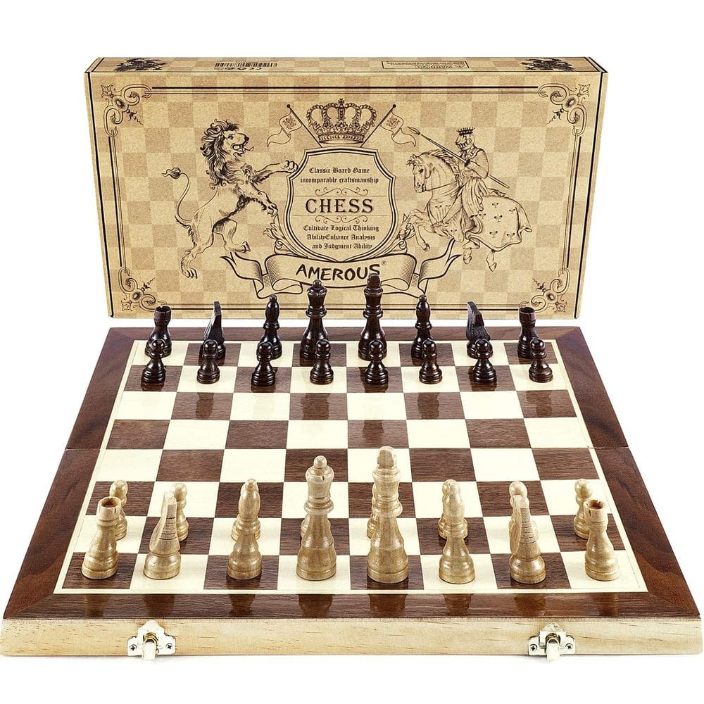 Conjunto de xadrez AMEROUS dobrável magnético de madeira com compartimentos de armazenamento