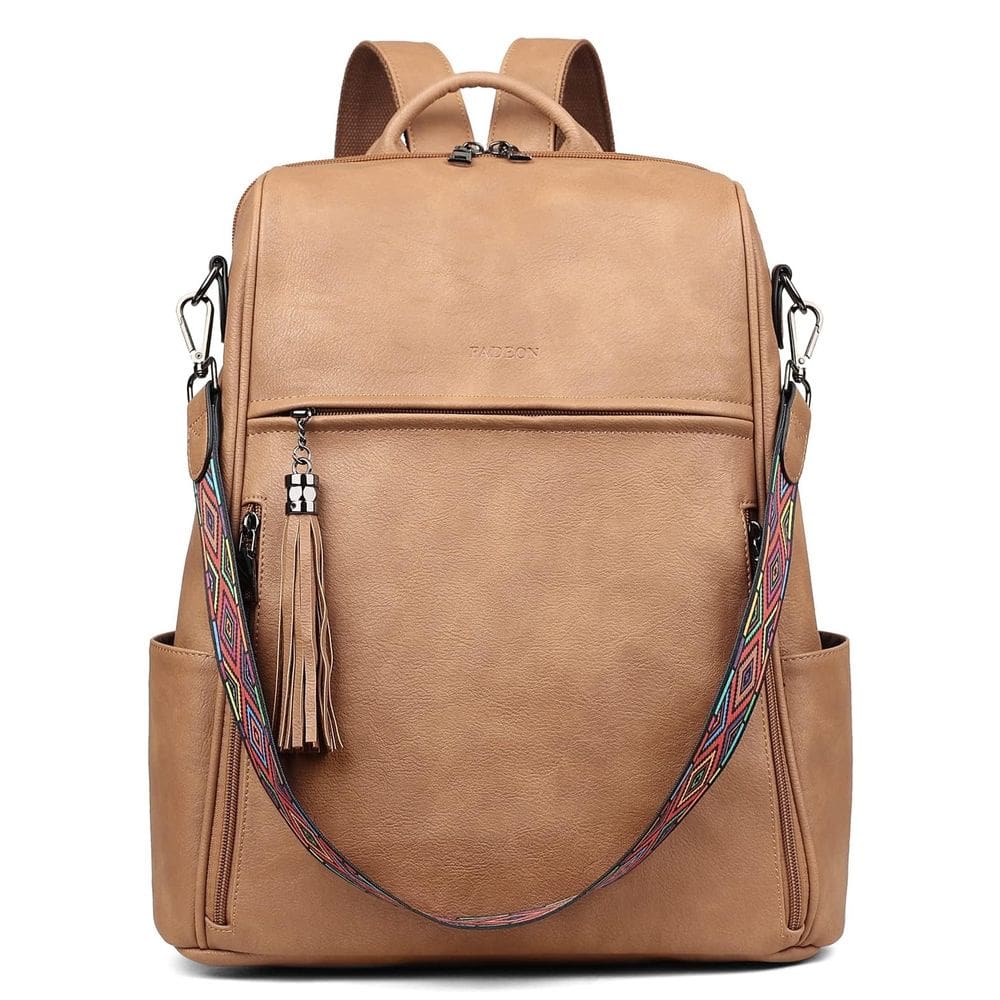 Mochila para laptop FADEON Leather para mulheres 15,6" marrom camel