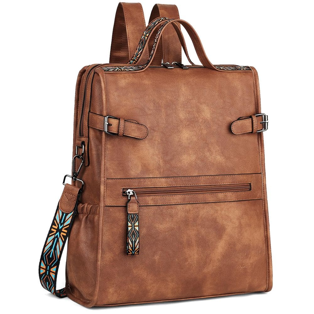 Mochila de couro para laptop FADEON para mulheres marrom impermeável
