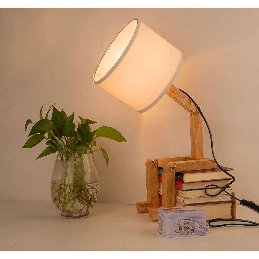 Candeeiro de mesa ELINKUME Robot Luminária de cabeceira em tecido de madeira branco