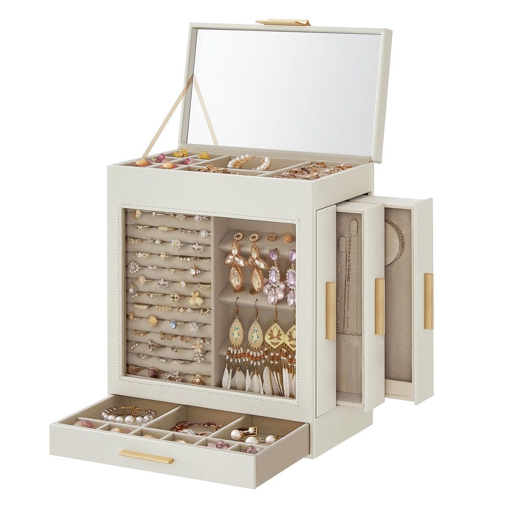 Caixa de joias SONGMICS de 5 camadas com 3 gavetas laterais Cloud White