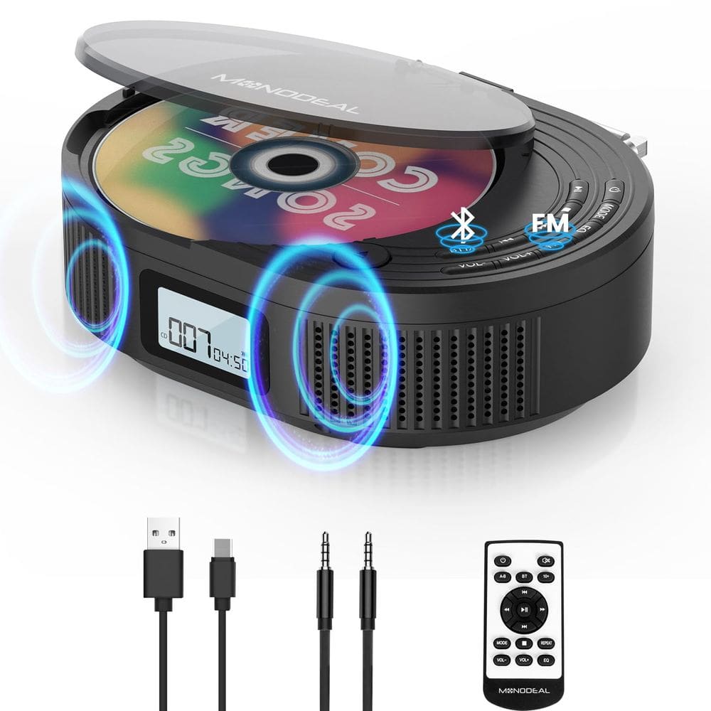 Leitor de CD portátil MONODEAL Boombox com Bluetooth e rádio FM