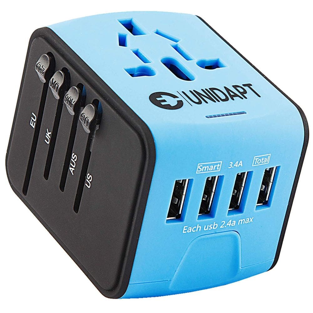 Adaptador de viagem Unidapt Universal Fast 2.4A 4-USB 4AC Azul
