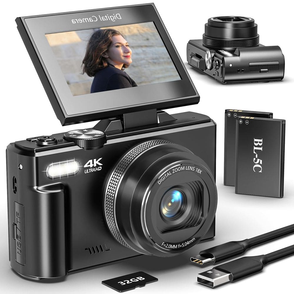 Câmera digital UIKICON 4K 64MP com foco automático 18X Zoom 32GB
