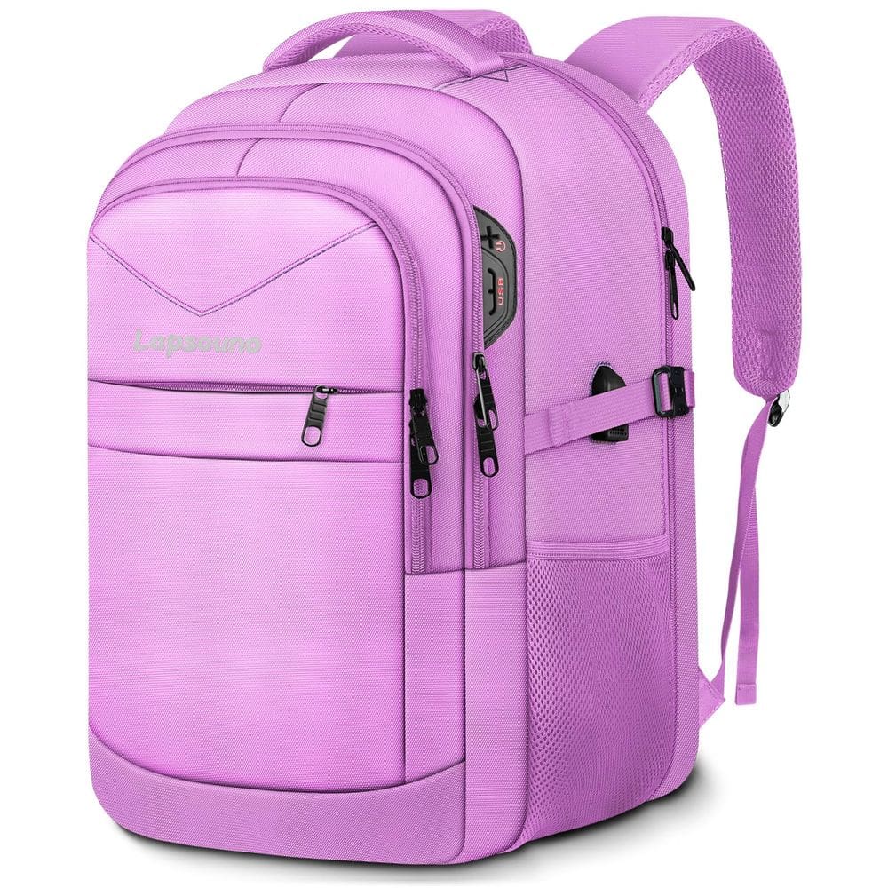 Mochila para laptop grande Lapsouno de 17,3" com porta USB roxa clara