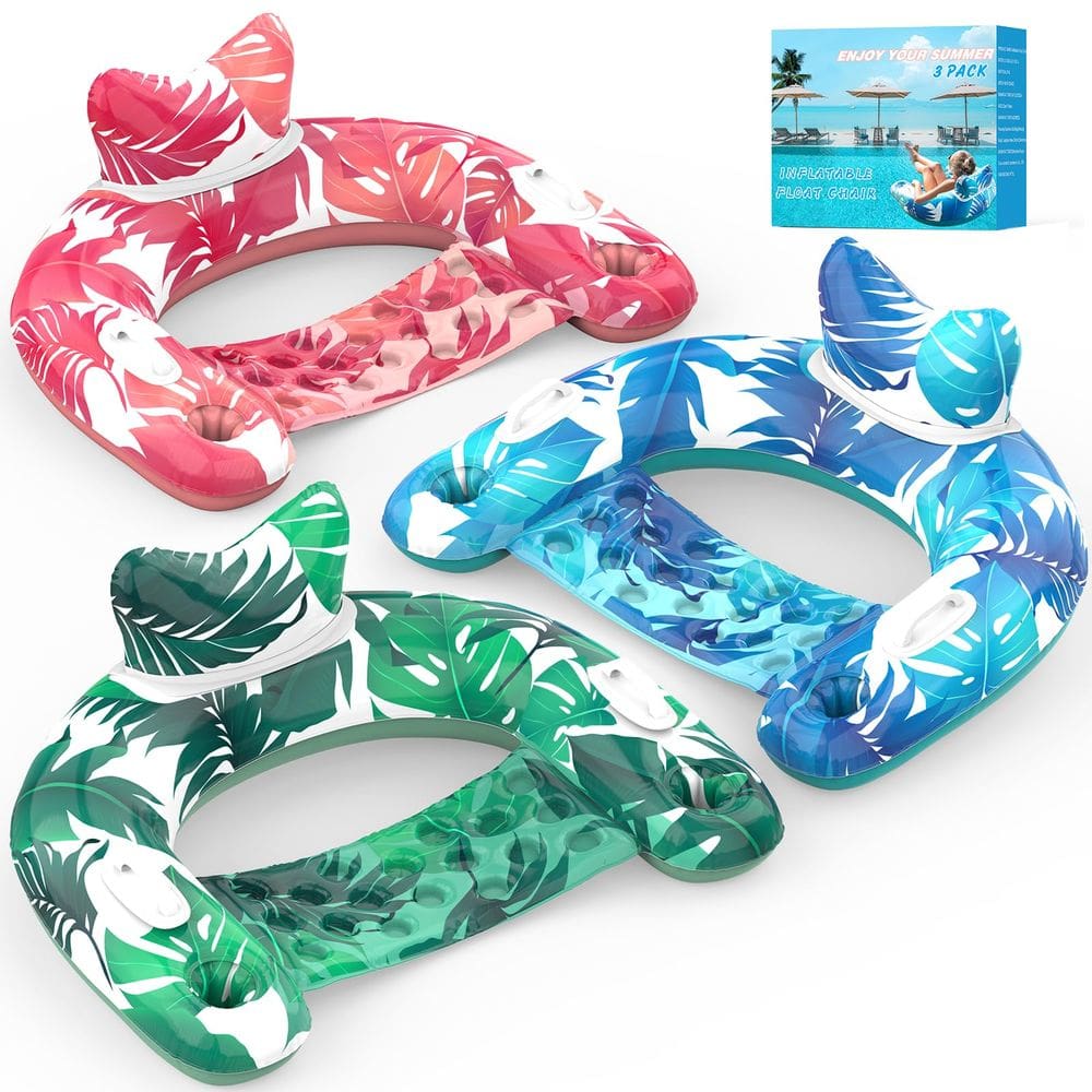 Cadeira inflável Pool Floats KEUCL, pacote com 3 unidades, porta-copos e alças