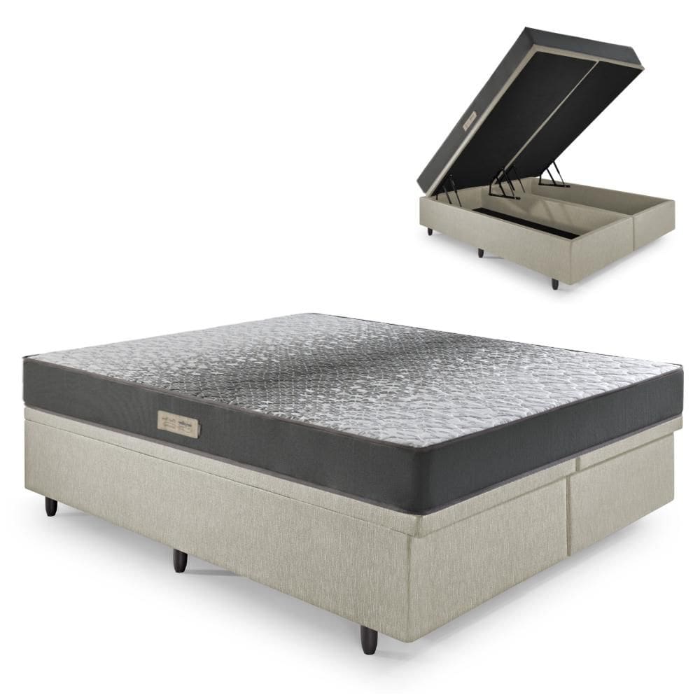 Cama Baú Casal 138x188 Bipartido Courino Linho Areia com Dual Firm Espuma Ecoflex