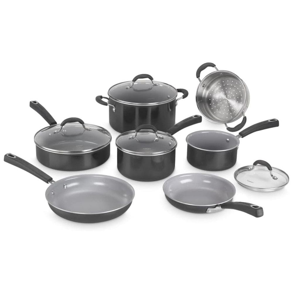 Jogo de Panelas com Interior Antiaderente Revestido de Cerâmica e Reforçado com Titânio, com 11 Peças, Cabo em Silicone e Tampas de Vidro,