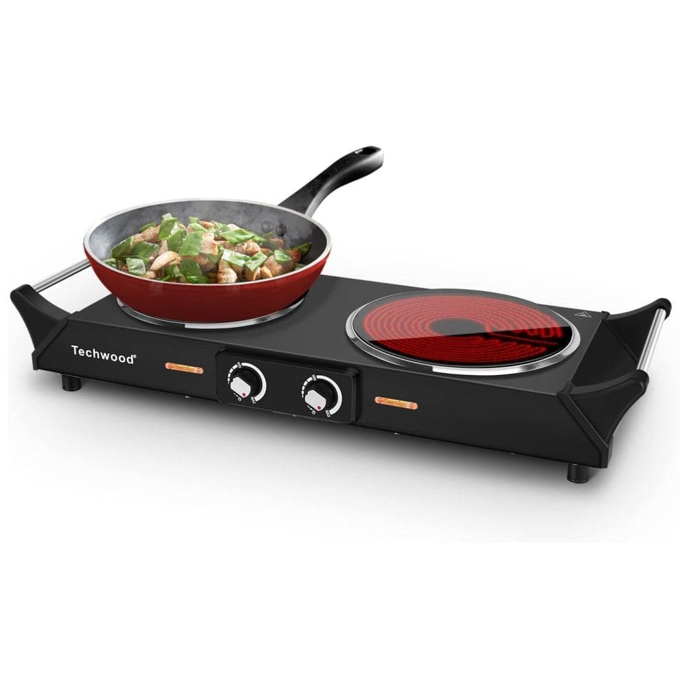 Cooktop Elétrico de Infravermelho Portátil em Aço Inoxidável Escovado com Queimador Duplo e Controle de Temperatura Duplo Ajustável, 110V