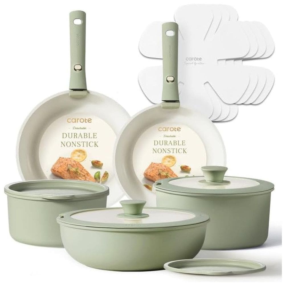 Jogo de Panelas CAROTE, Jogo de Utensílios de Cozinha Antiaderente com Cabo Removível, 15 peças Verde Sálvia