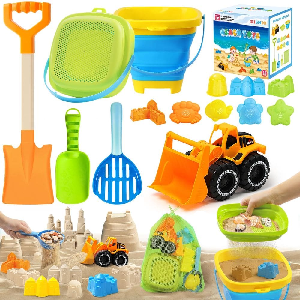Brinquedos de areia de praia DISHIO para crianças com balde e bolsa dobráveis