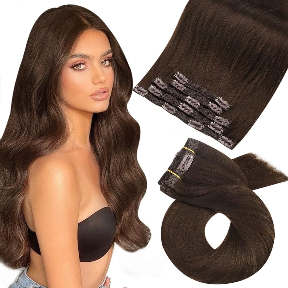 Extensões de cabelo Moresoo Clip em cabelo humano marrom escuro 14 polegadas