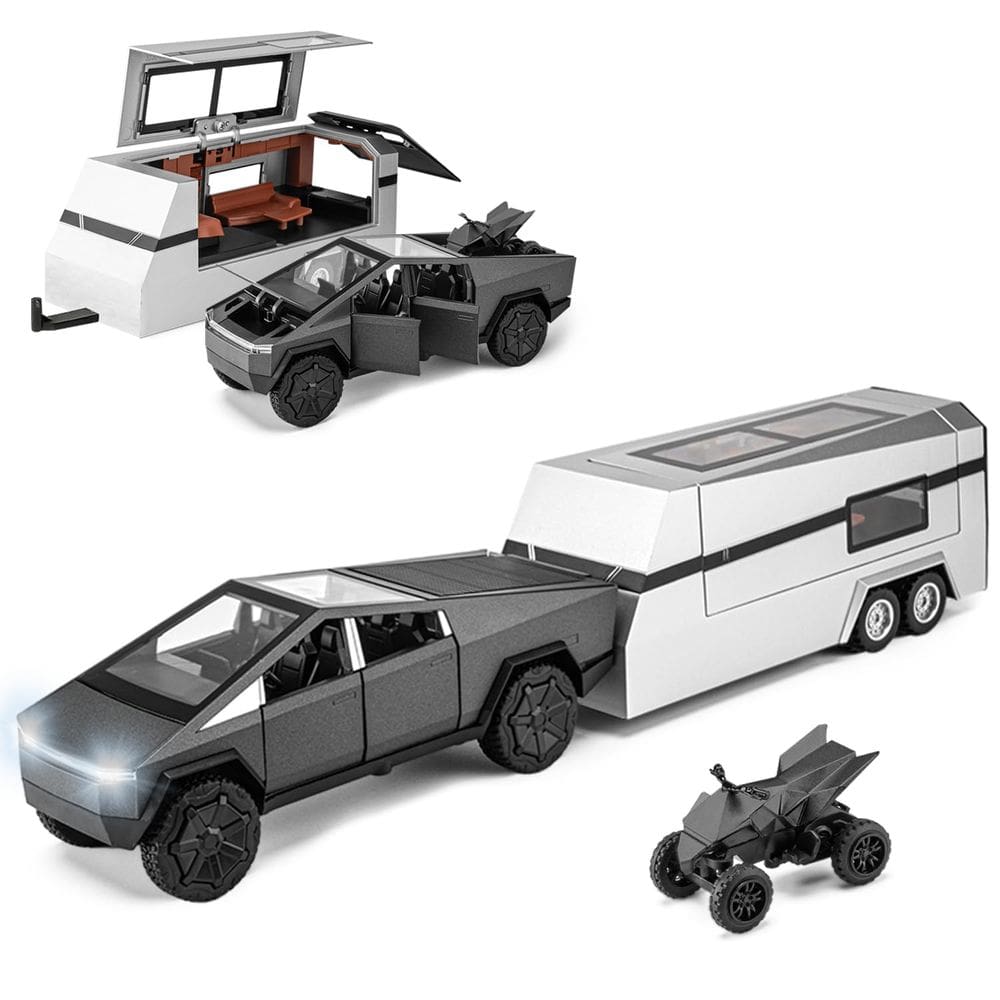 Caminhonete de brinquedo Youngyes Cybertruck com motocicleta RV 1/32
