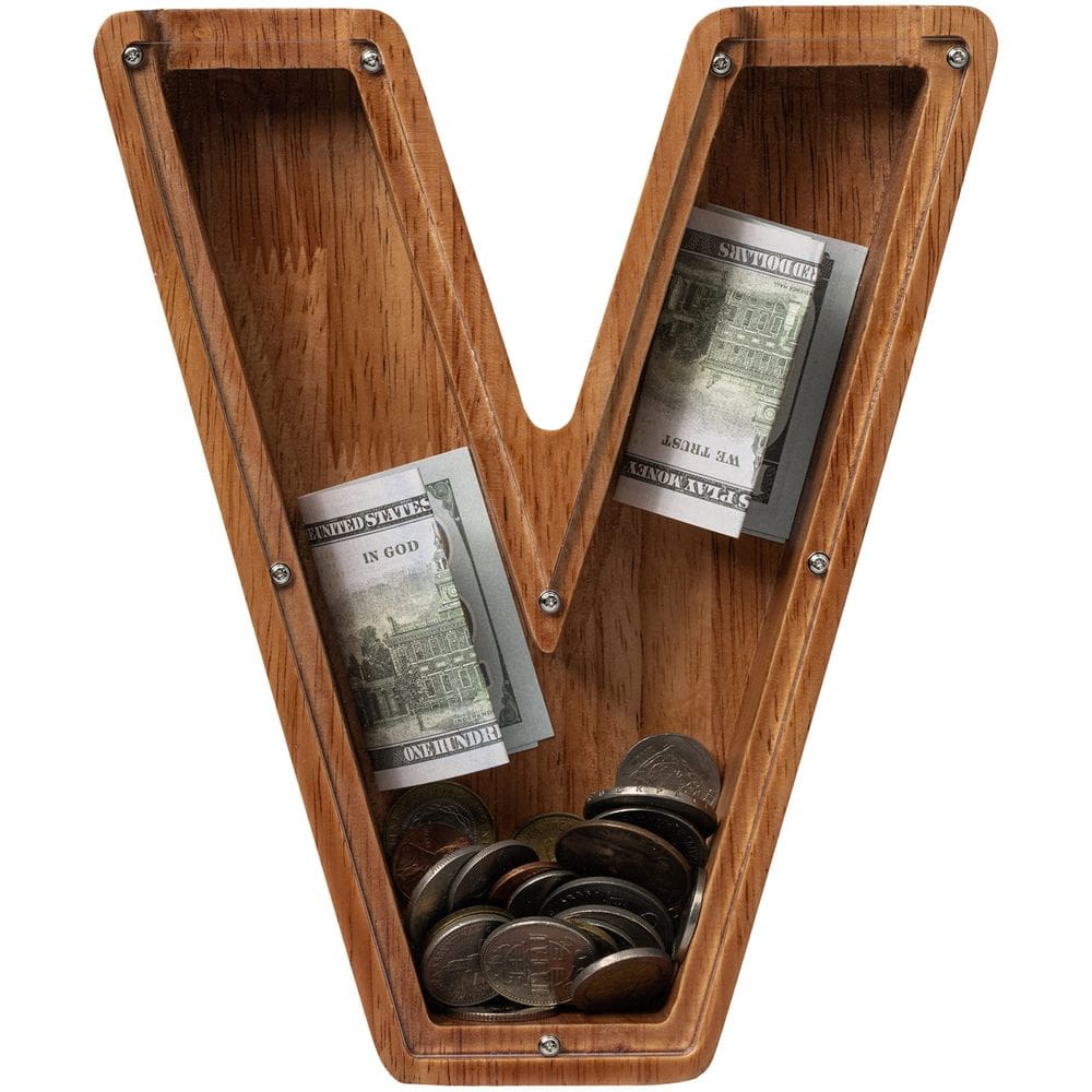 Piggy Bank ladenk extra grande de madeira para crianças, letra V, 30 cm