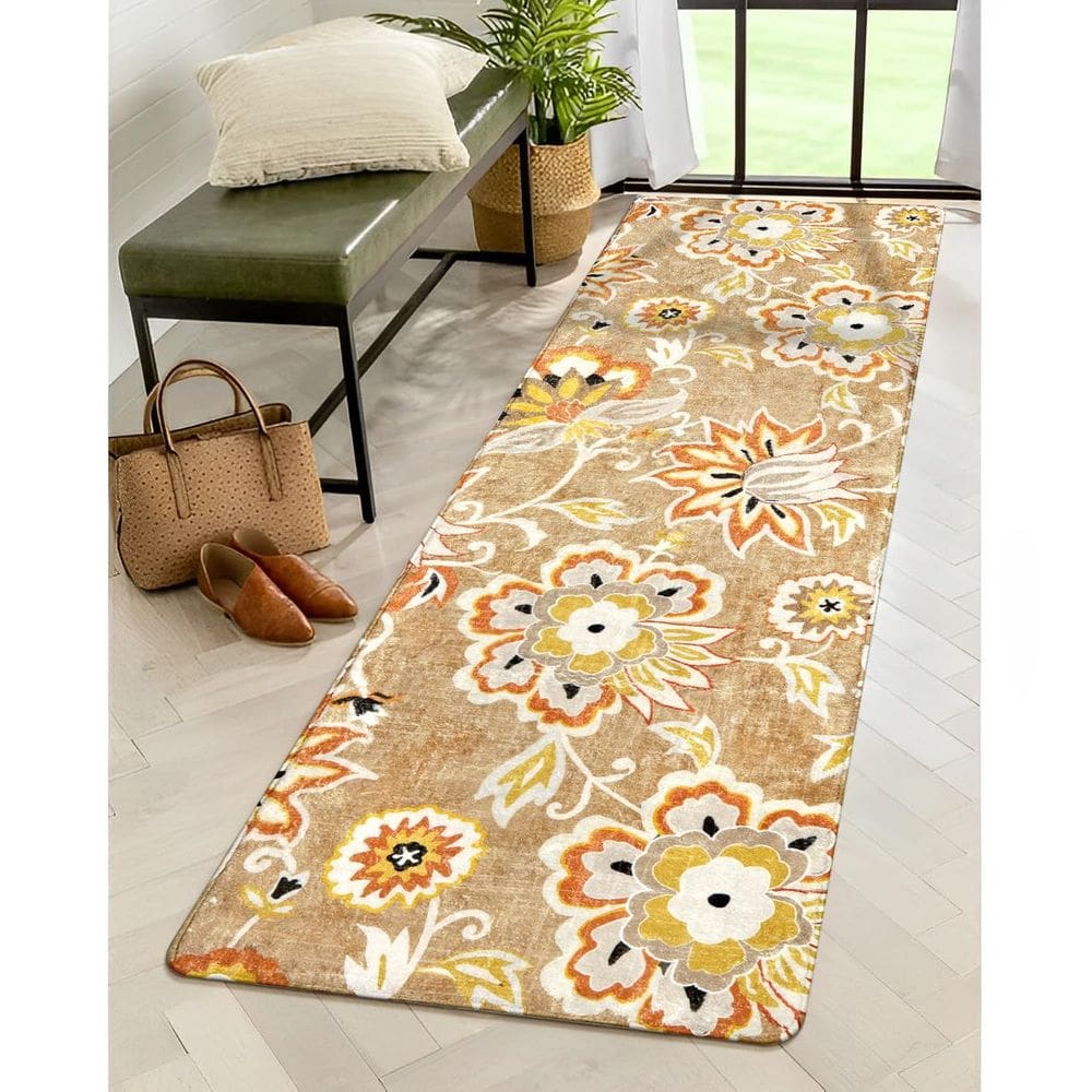 Tapete Runner Lahome Floral, 2 x 6 pés, lavável, antiderrapante, bronzeado