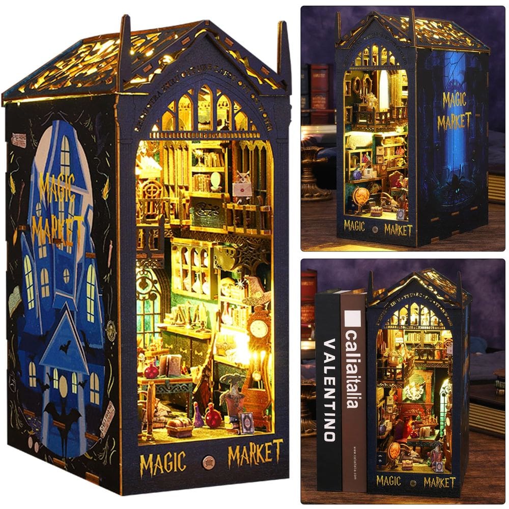 Kit de miniatura DIY Book Nook ISSEVE Magic Market com luz