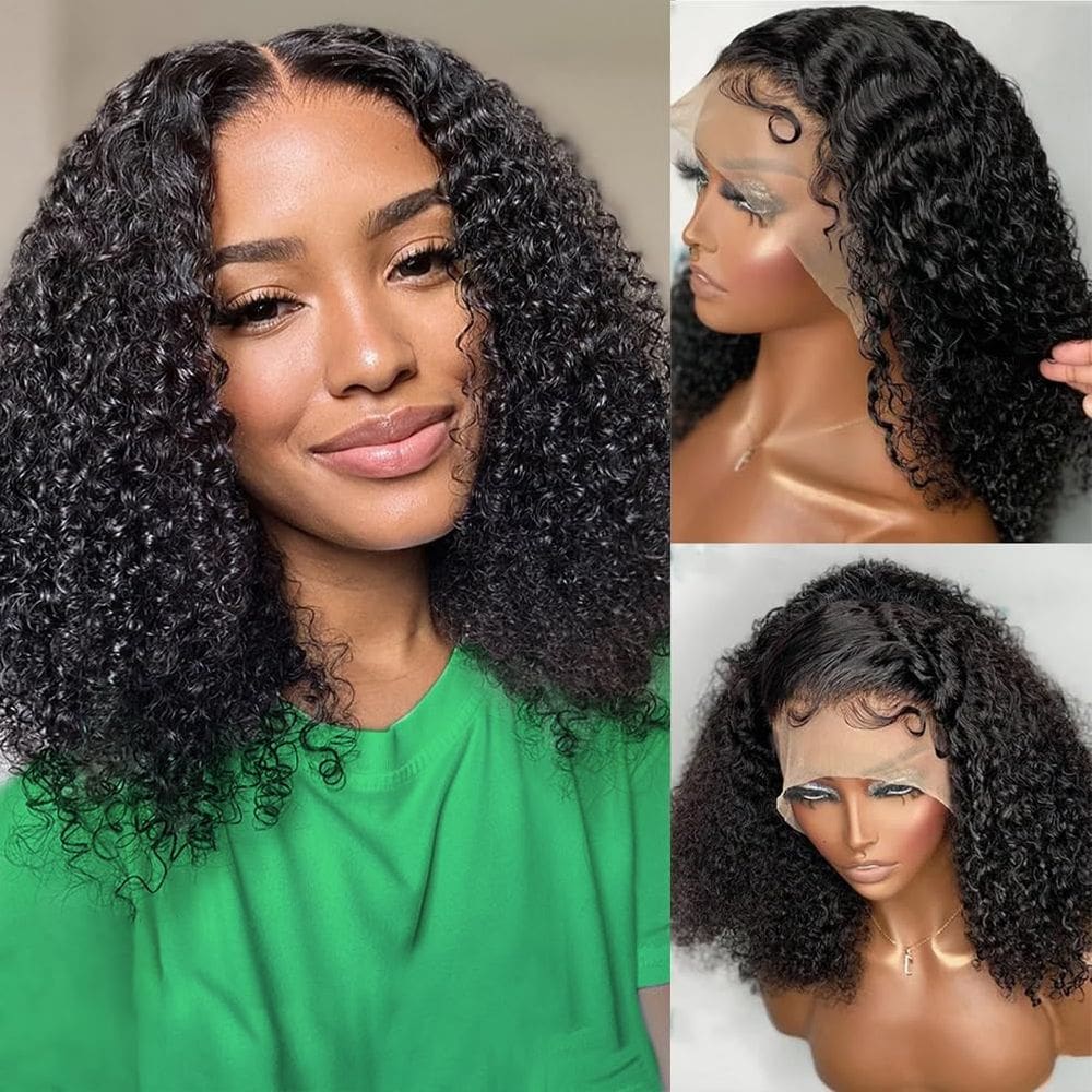 Peruca Curly Bob de 16 polegadas, cabelo humano de 200 densidades, renda frontal
