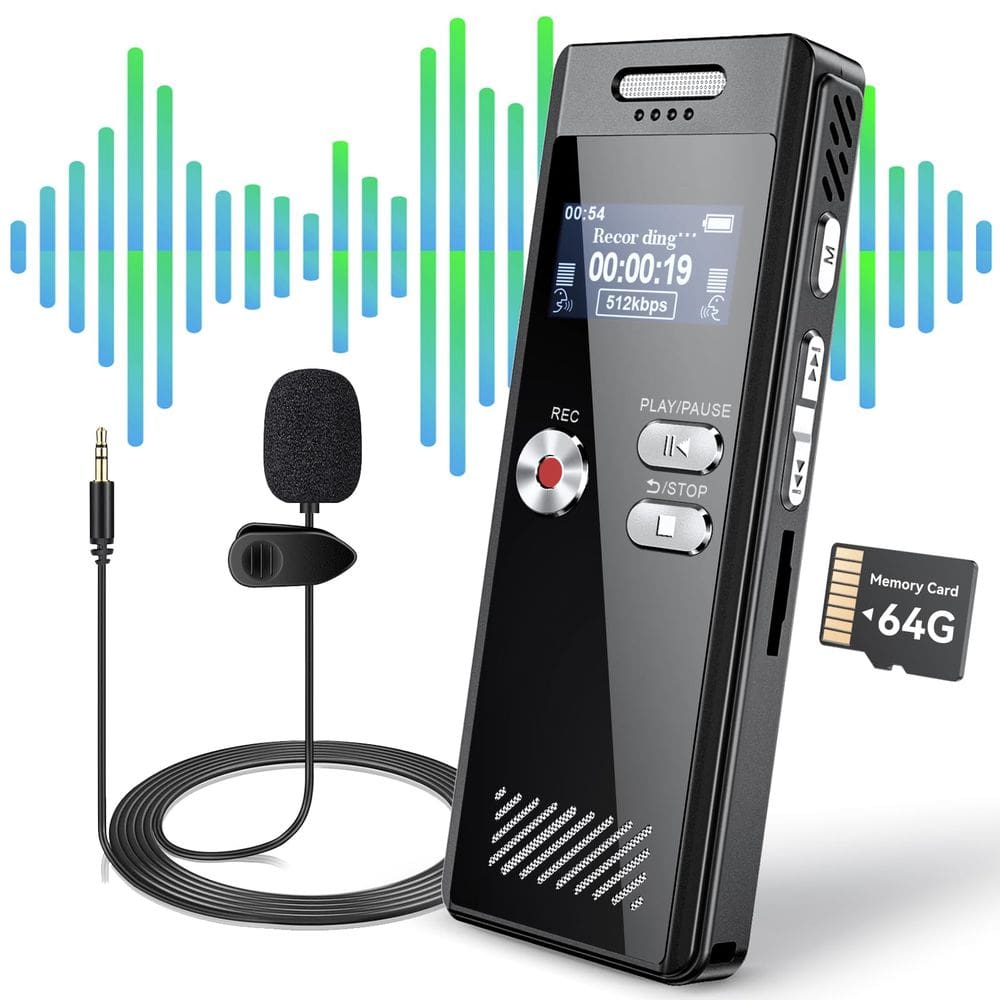 Gravador de voz digital EAKKOR 64GB com reprodução e entrada de linha