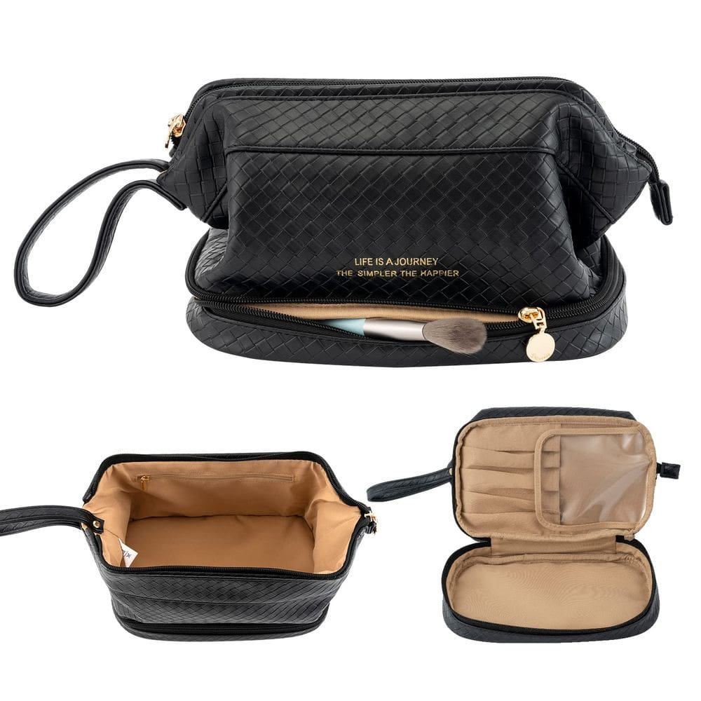 Bolsa de maquiagem Abiudeng Grande de Couro de Dupla Camada para Mulheres