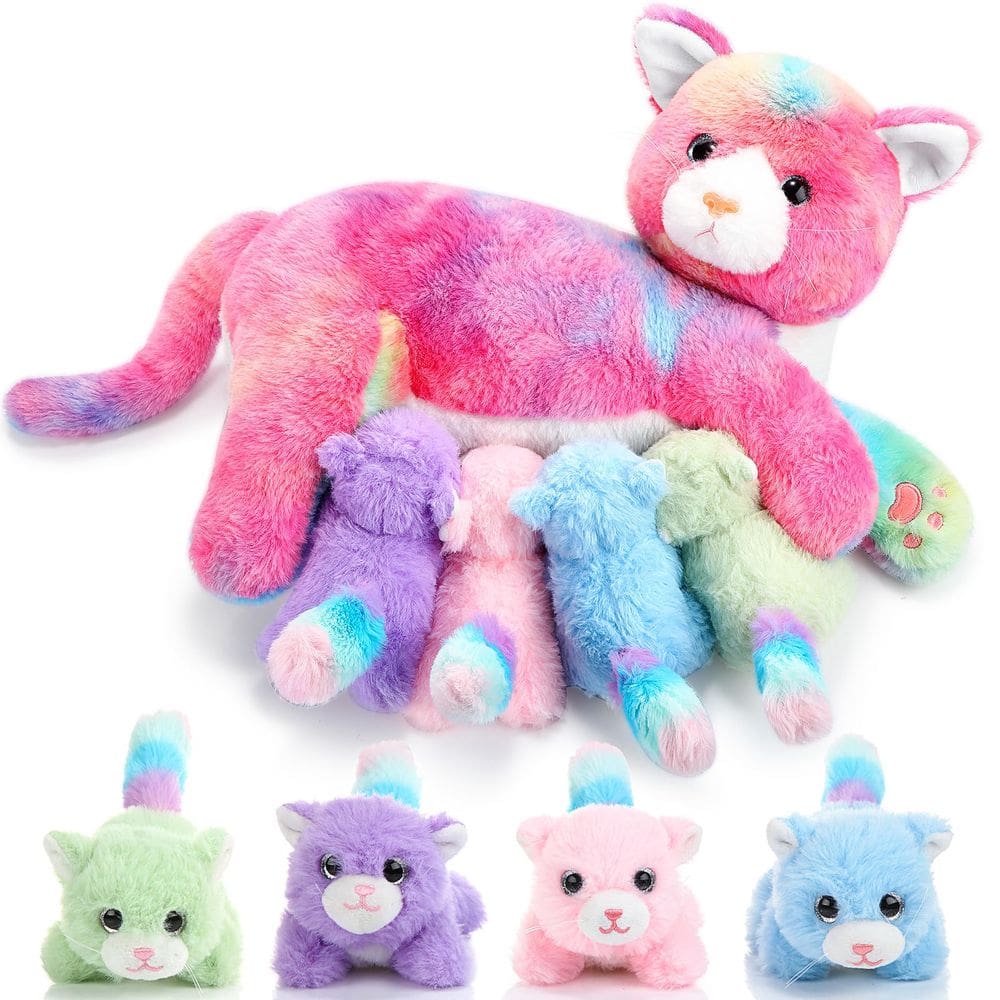 Bicho de pelúcia Skylety Nurturing Cat com 4 gatinhos de pelúcia de 40 cm