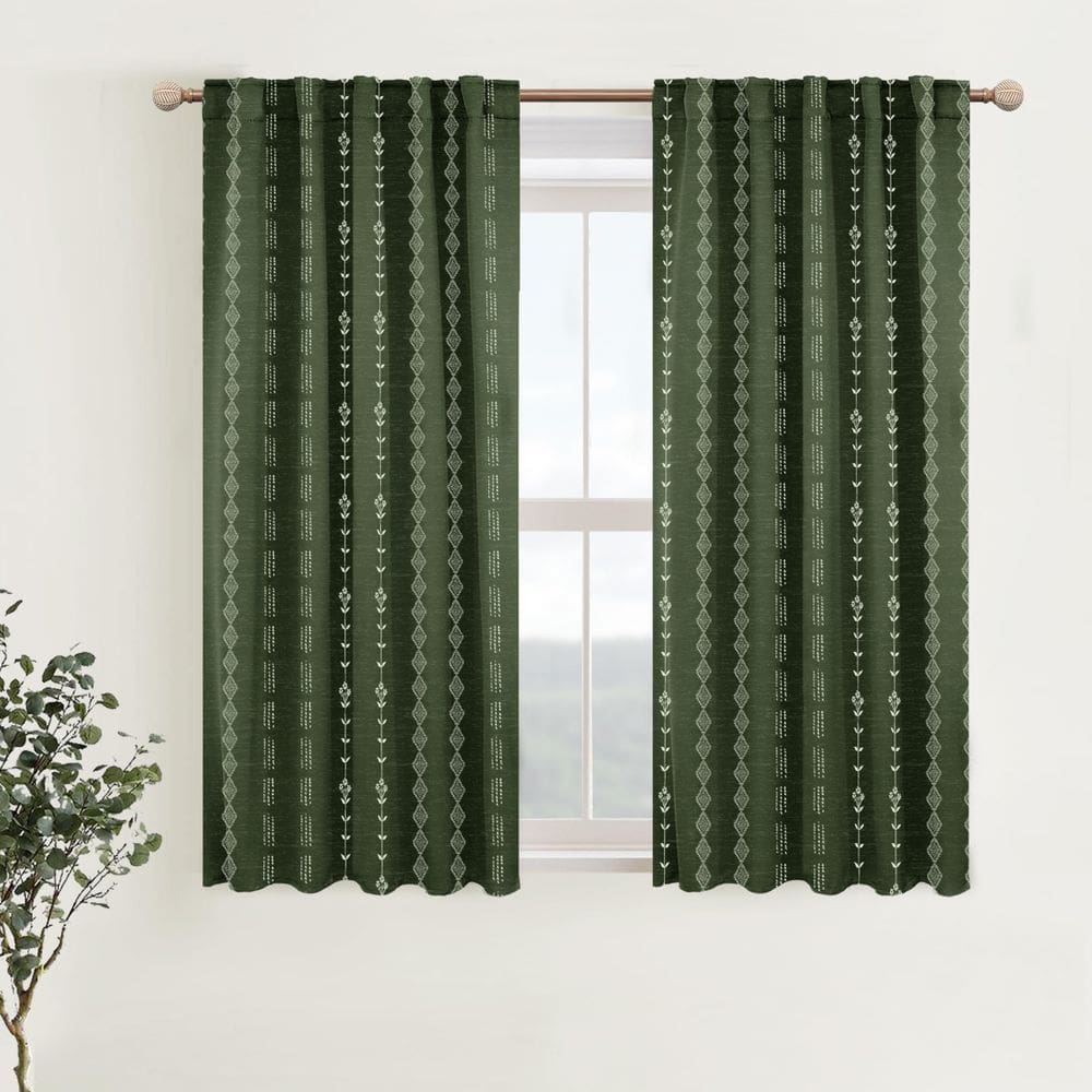 Cortinas de banheiro Lino Rosa Dark Leaf Green Boho Floral 115cm