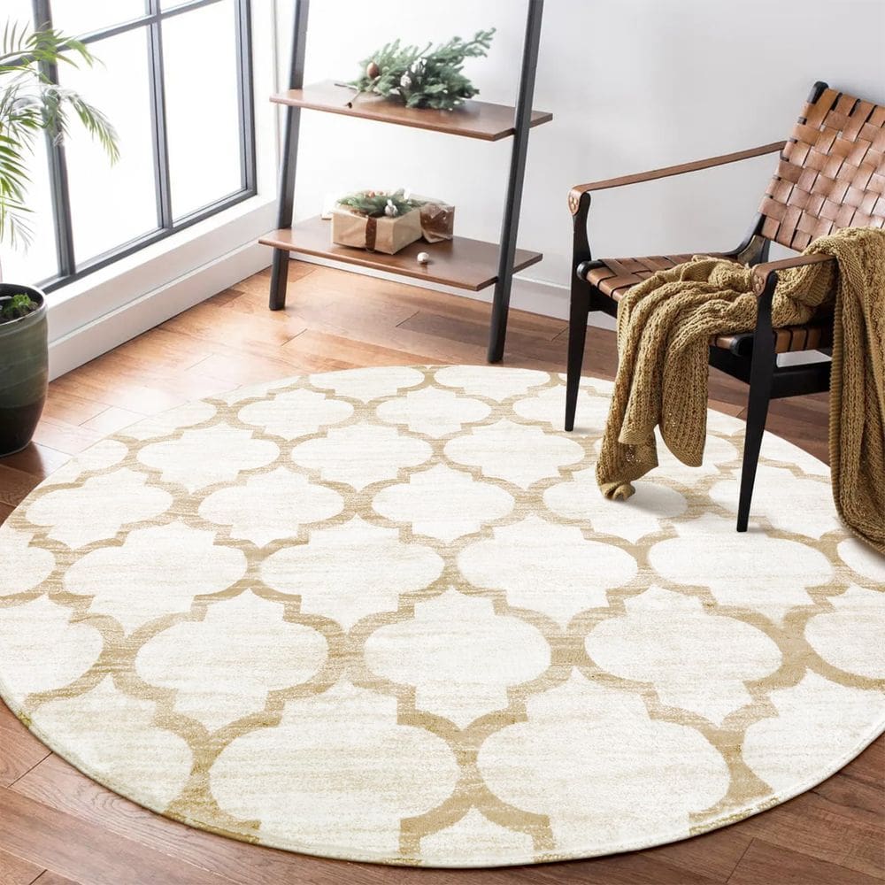 Tapete Area Lahome, redondo marroquino, 120 cm, lavável, antiderrapante, bege