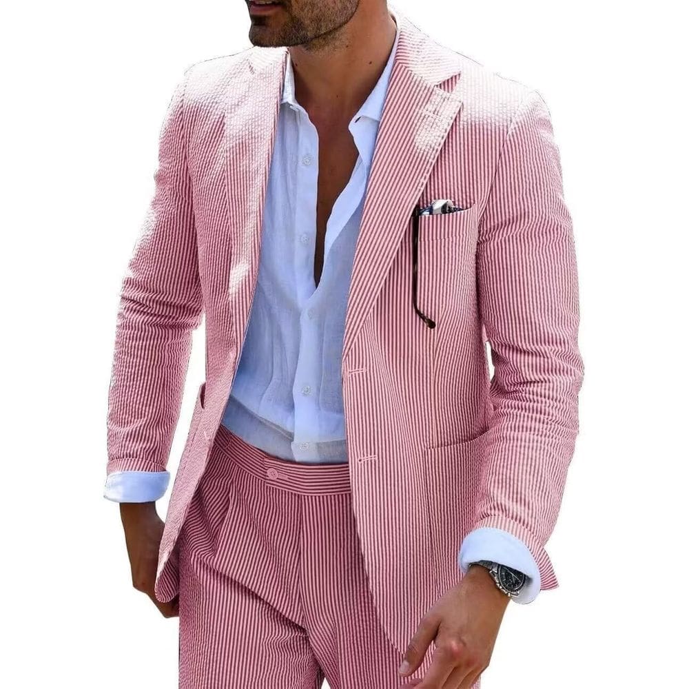 Suit Wehilion Seersucker de 2 peças para homens Summer Beach Red XS