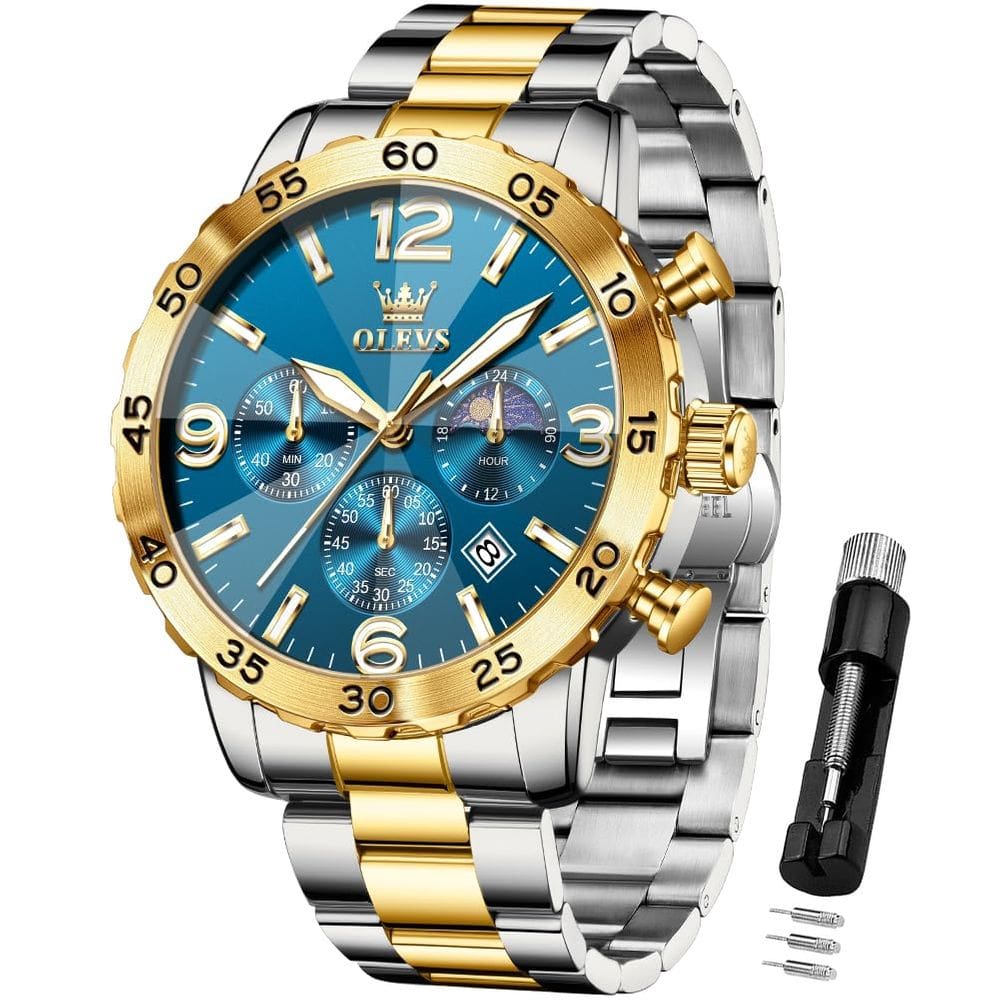 Relógio OLEVS Blue Chronograph Luxury Dress para homens em aço inoxidável