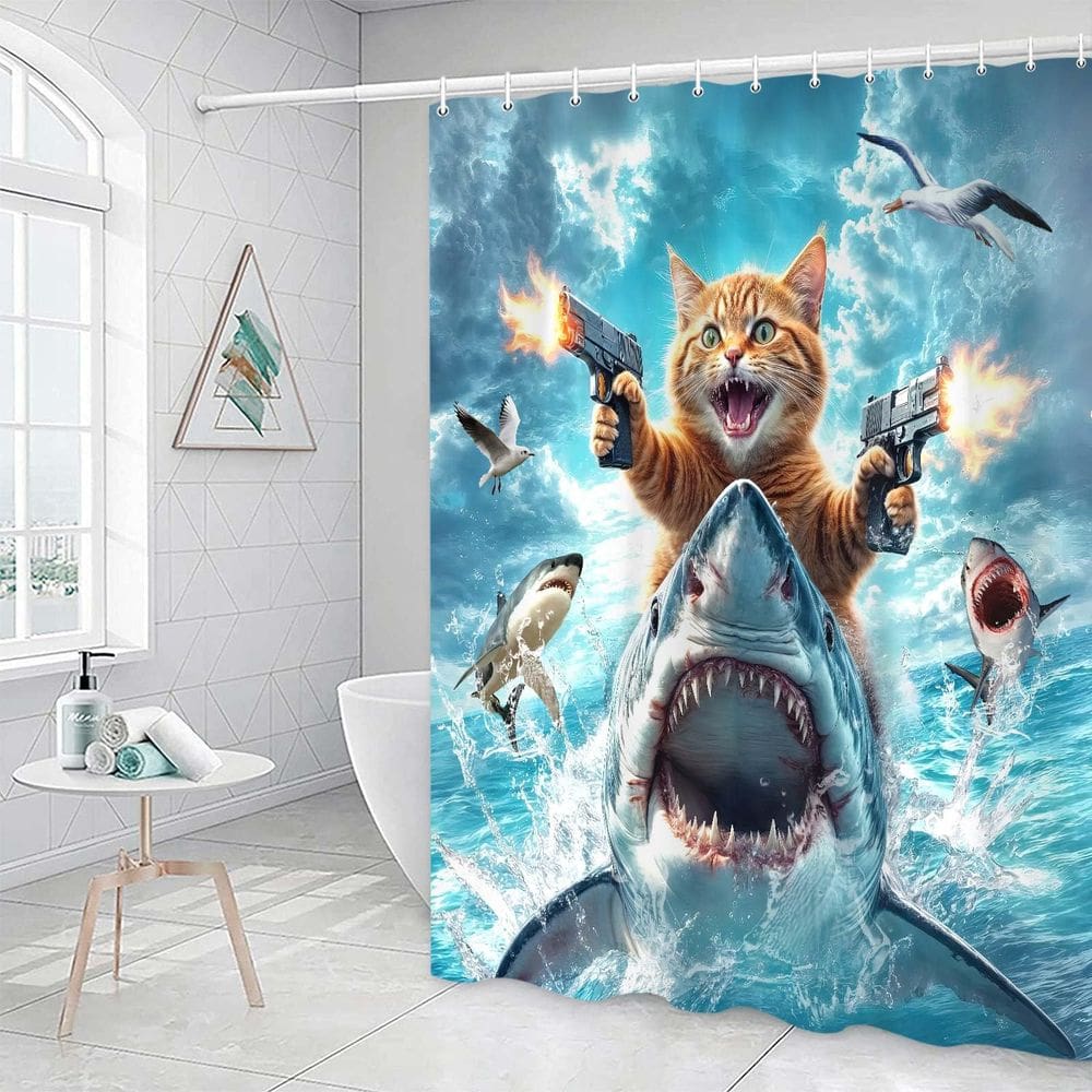 Cortina de chuveiro Grtuspr Funny Cat Riding Shark Ocean Theme