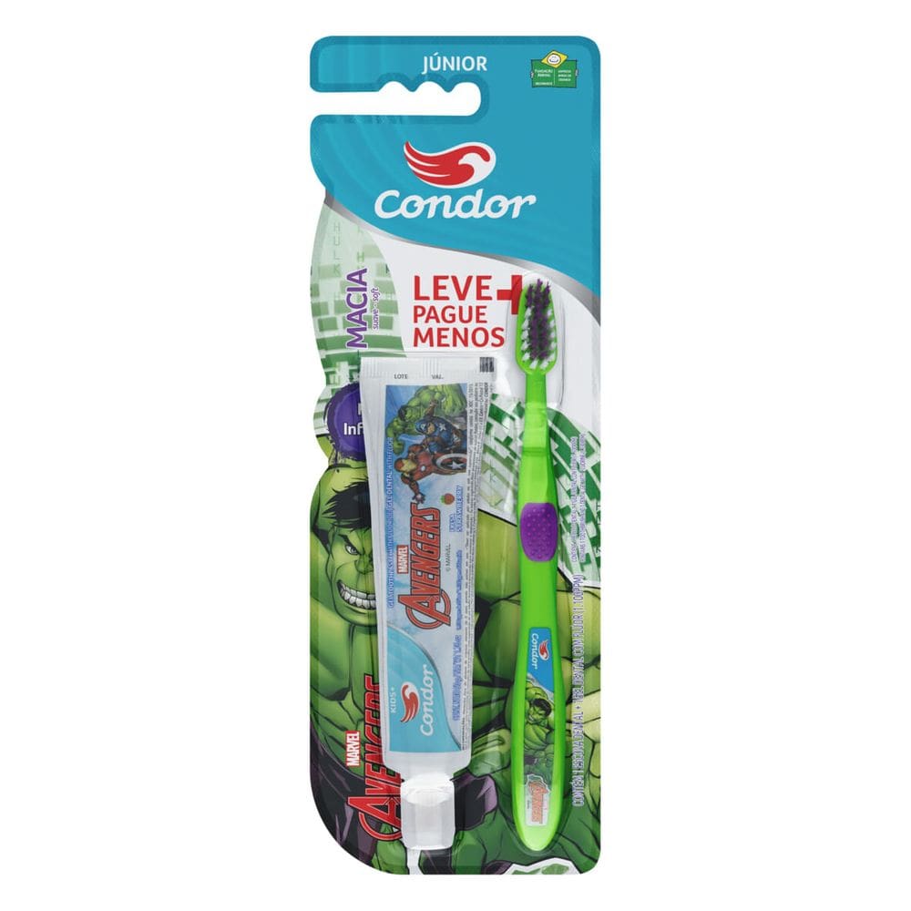 Kit Escova Macia + Gel Dental Com Flúor 50G Morango Avengers Condor Júnior Leve Mais Pague Menos