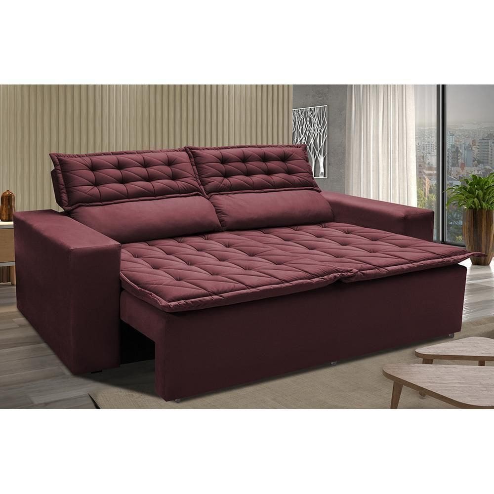 Sofá Retrátil E Reclinável Cama Inbox Slim 1,50m Tecido Suede Velusoft Vinho