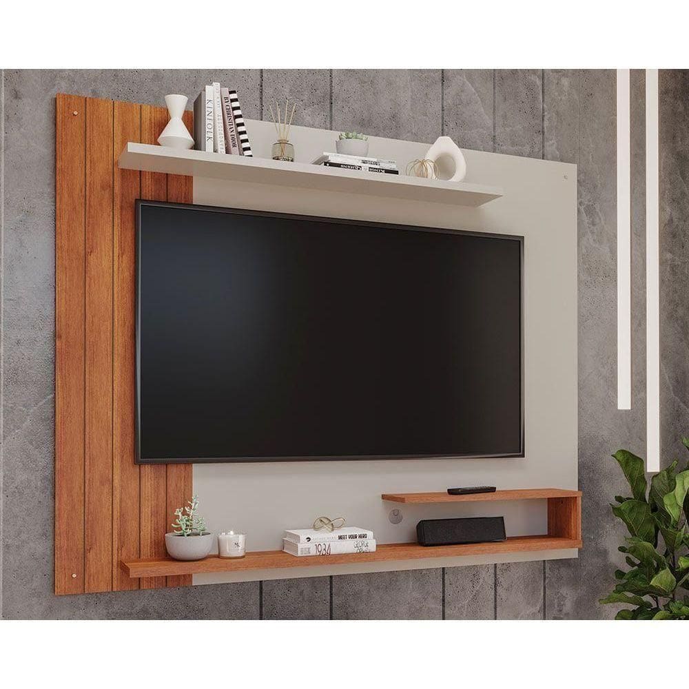 Painel Quarto P- Tv Até 50 Pol Floripa C- Prateleiras Ripado 161x135cm Off White-cinamomo - Permóbili