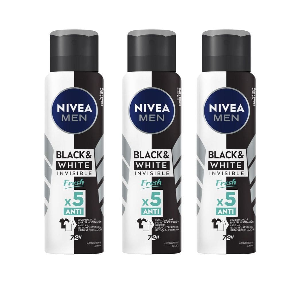 Kit 3X 150ml Desodorante Antitranspirante Aerosol Nivea Men Invisible Black & White Fresh
