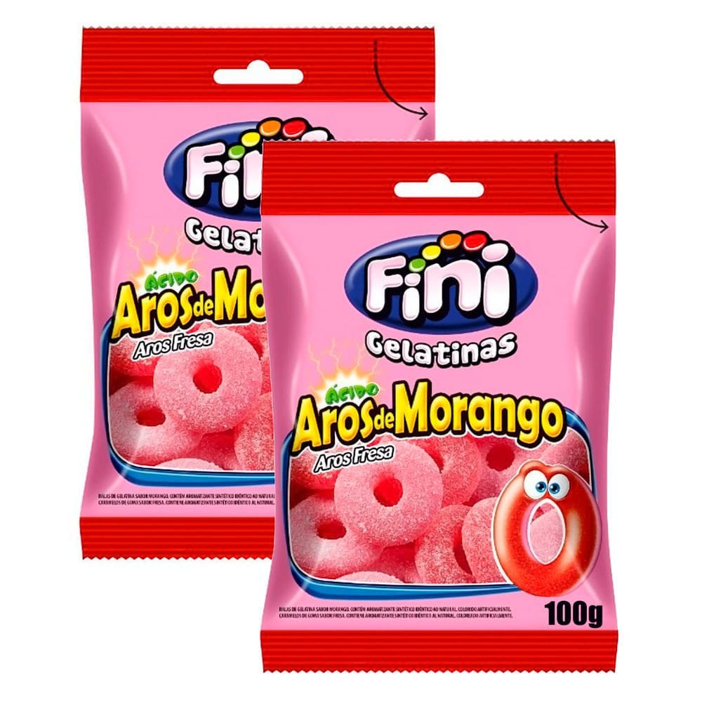 Kit 2 Balas de Gelatina Fini Aros de Morango 100g