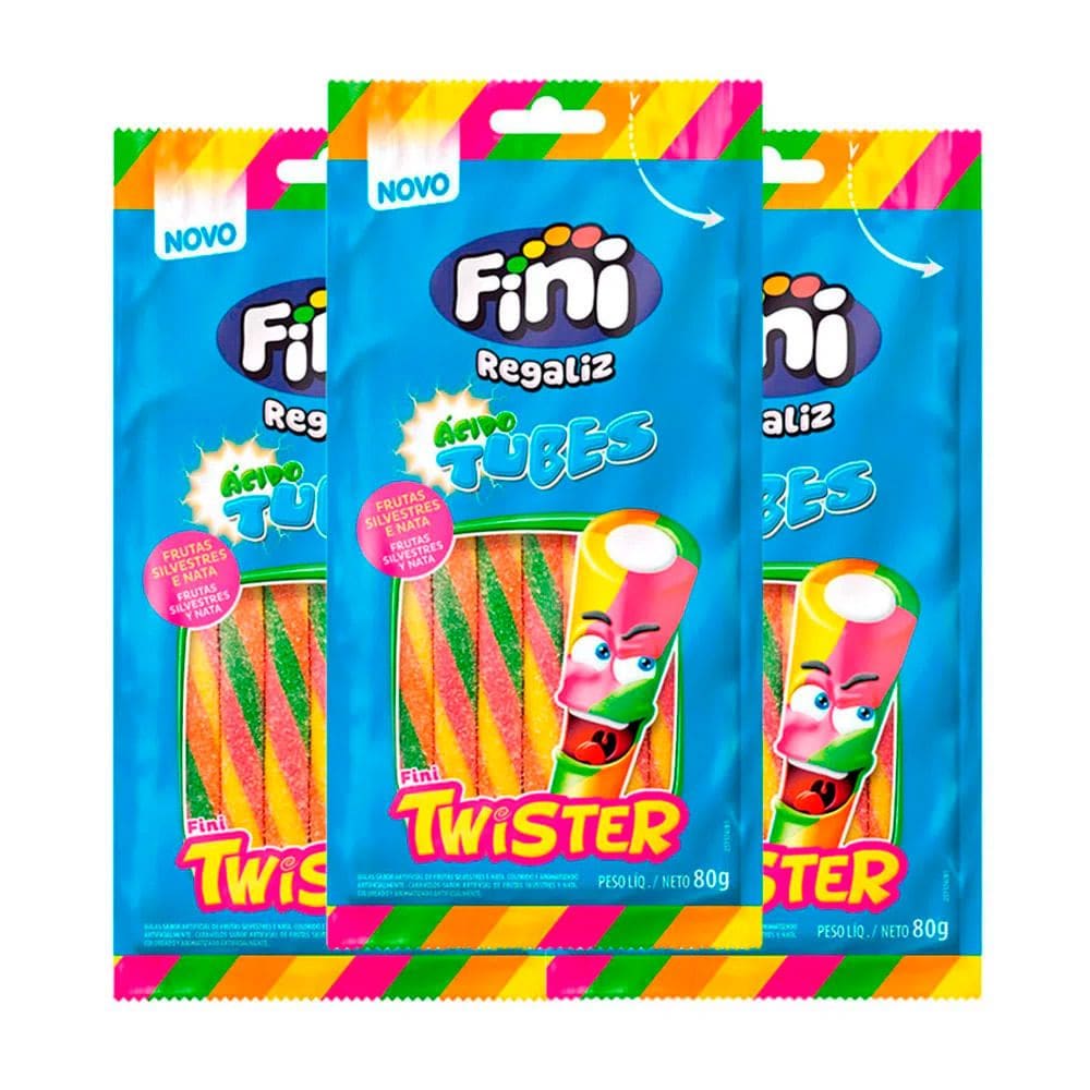 Bala Fini Tubes Twister Cítrico 80g Kit com três unidades