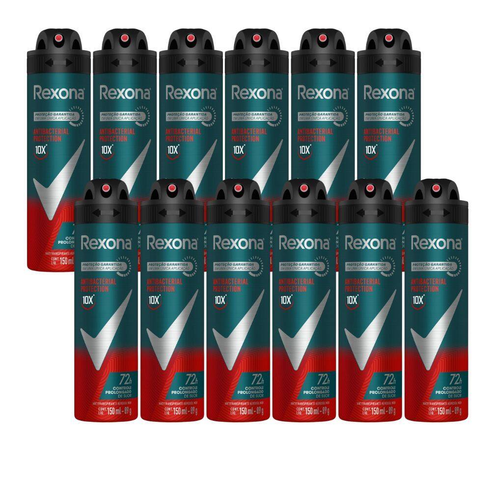 Kit 12 Desodorante Rexona Antibacterial Protection Men Aerosol Antitranspirante 72h 150ml