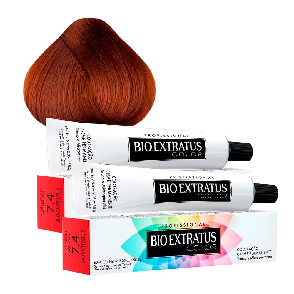 Tintura Creme Bio Extratus Color Louro Médio Acobreado 7.4 60ml Kit com duas unidades