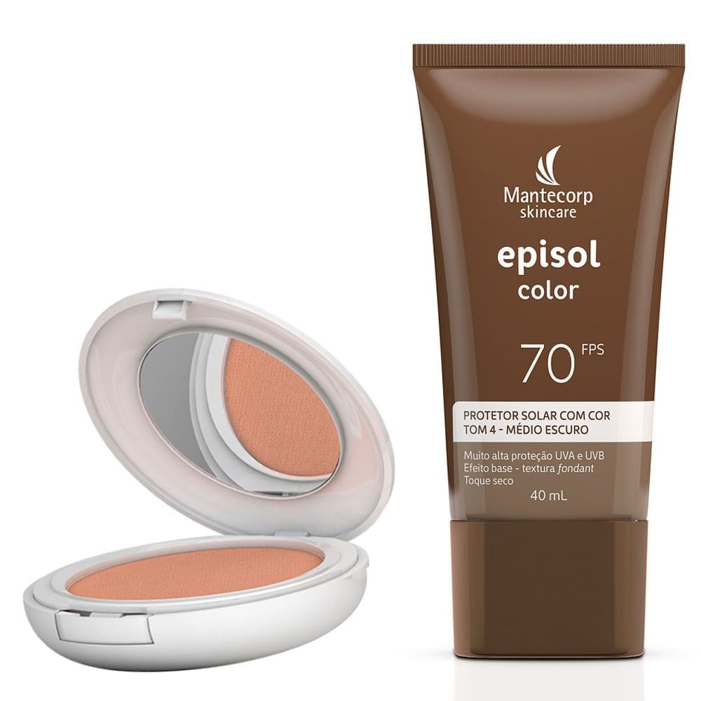 Kit Protetor Solar Episol Color Pele Morena FPS 50 Pó Compacto 10g e Protetor Solar Tom Médio Escuro T4 FPS 70 Loção com Efeito de