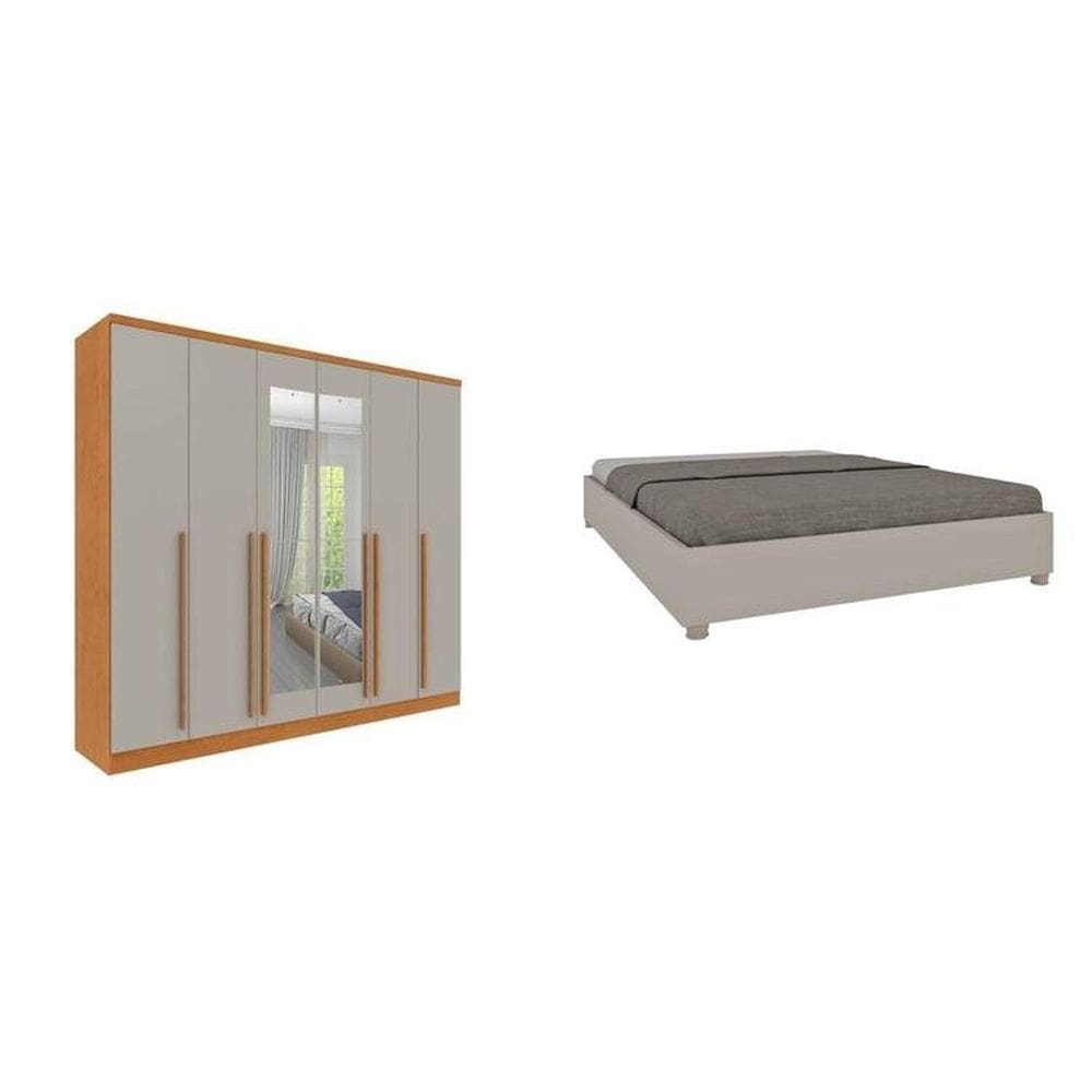 CONJUNTO GUARDA ROUPA CASAL 6 PORTAS 8 GAVETAS PUXADOR MDF COM ESPELHO E CAMA CASAL ESPRESSO MÓVEIS Cinamomo/Off White