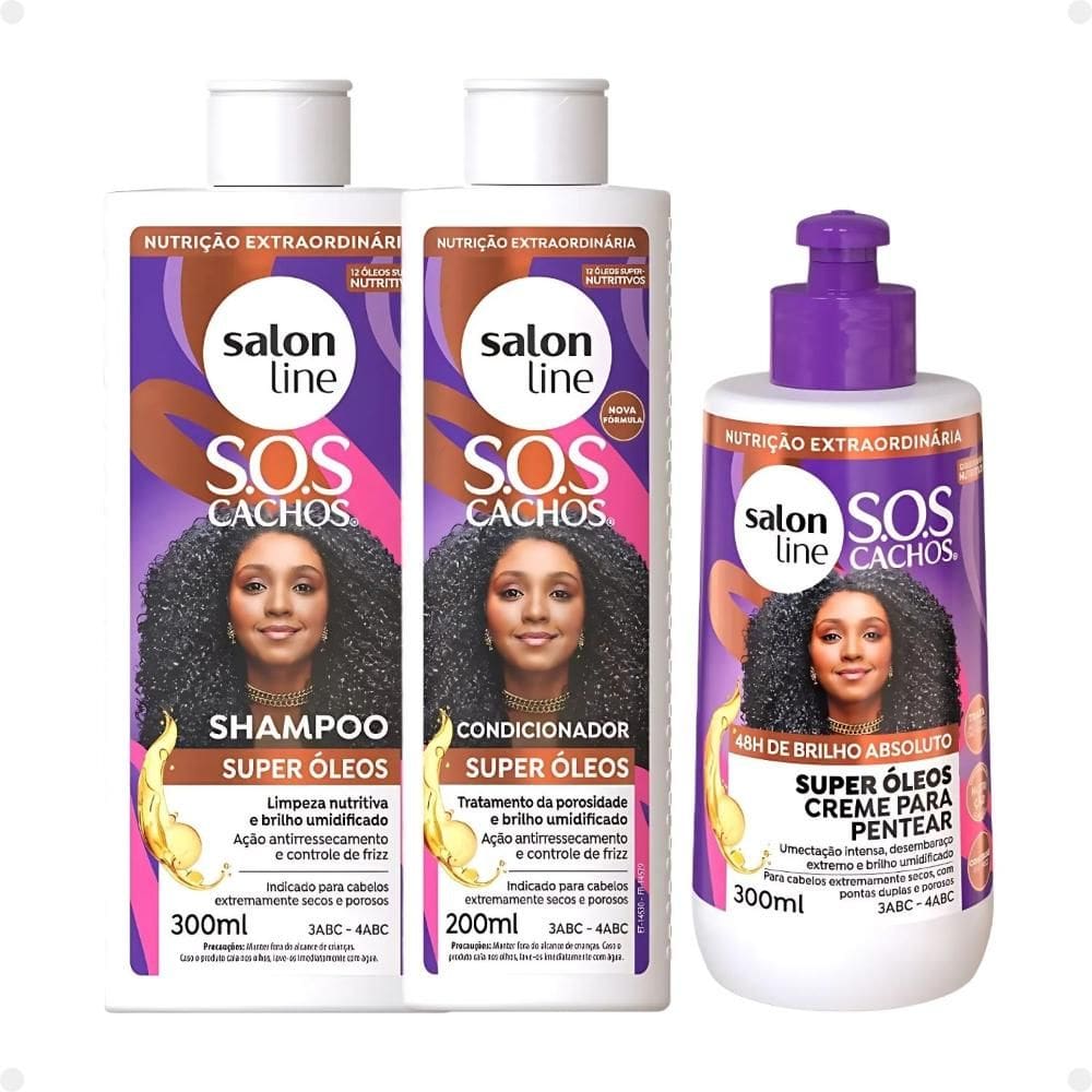 Kit Salon Line SOS Cachos Super Óleos: Shampoo 300ml e Condicionador 200ml + Creme Para Pentear 300ml