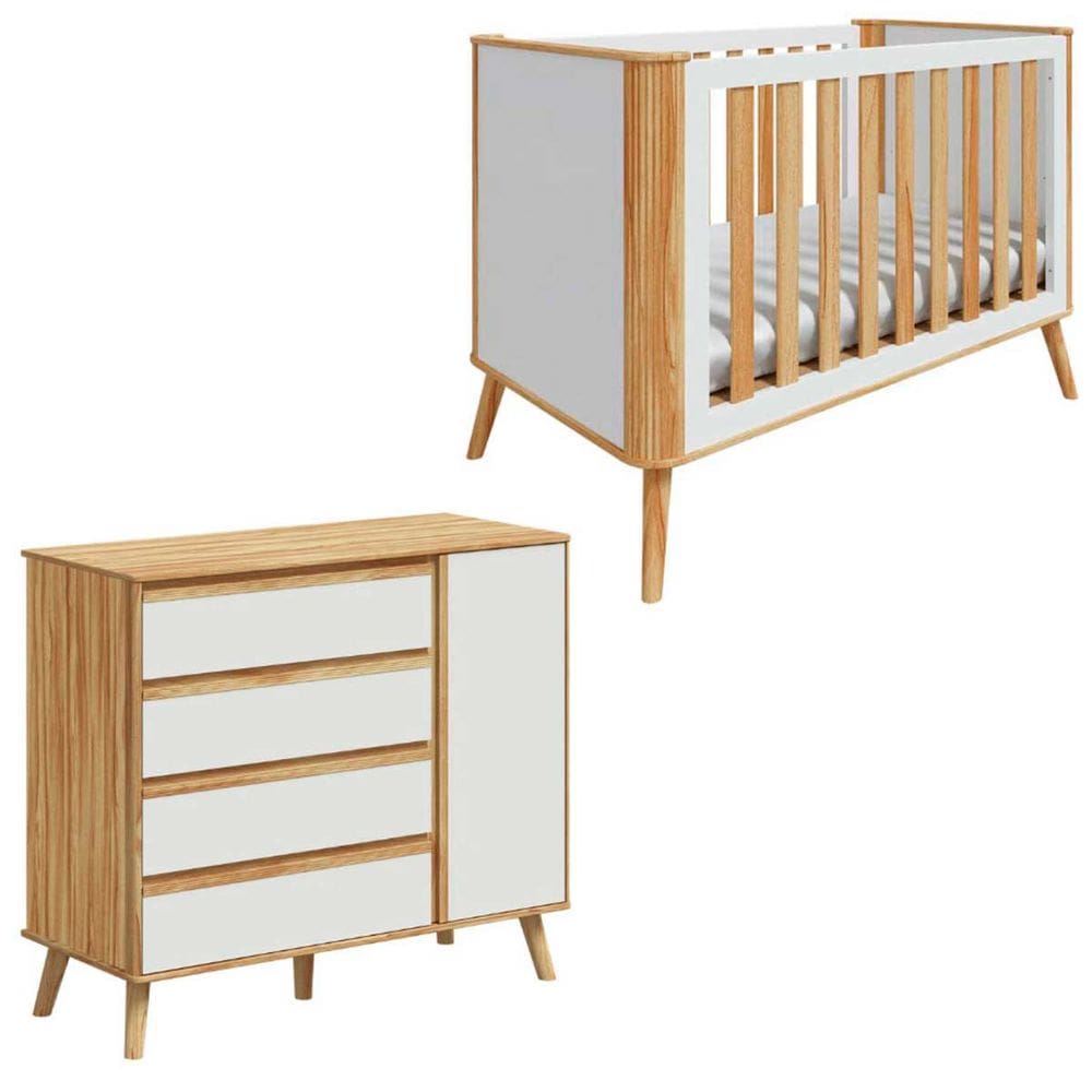 Kit Berço Com Cômoda Quarto De Bebê MDF Off White Amêndoa