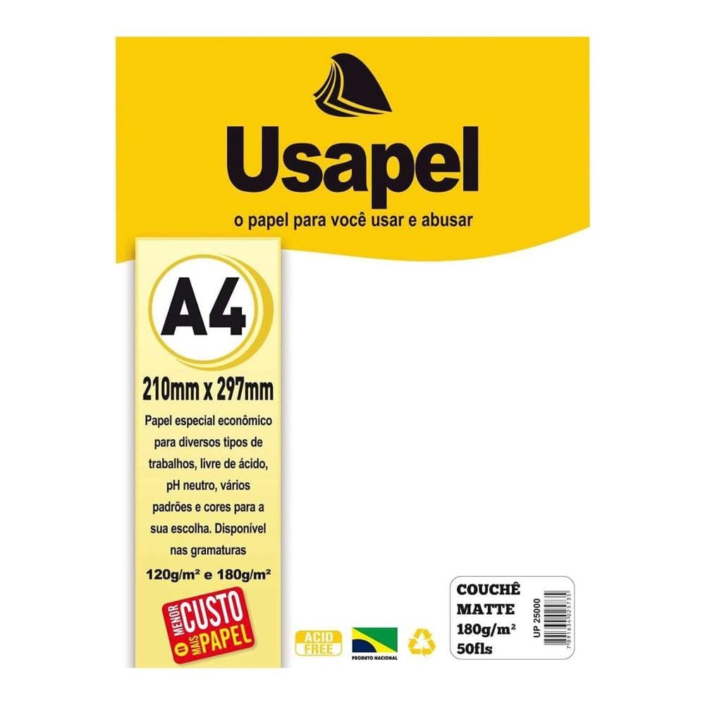 Papel A4 180 g/m² Usapel 50 Folhas Couchê Branco Matte - Impressão | Convites | Cartões | Artesanato