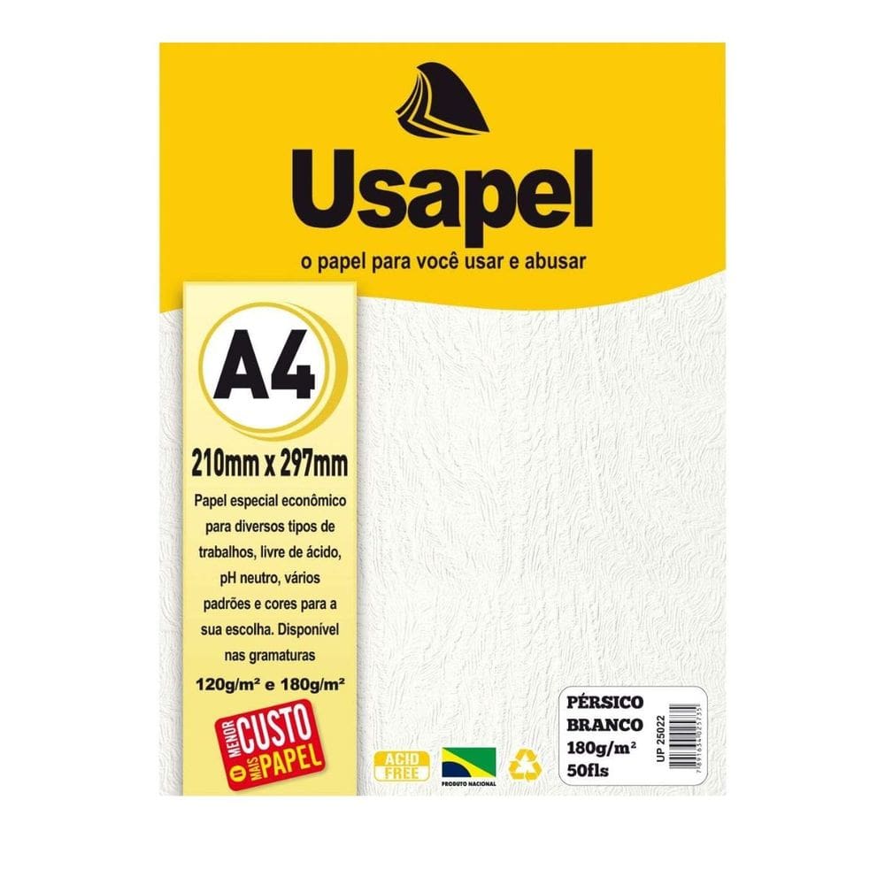 Papel A4 180 g/m² Usapel 50 Folhas Pérsico Branco Texturizado - Impressões | Convites | Cartões | Artesanato