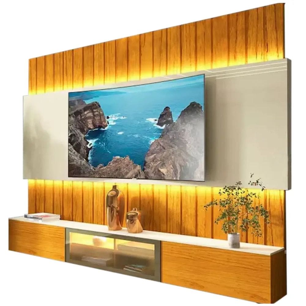 Painel Soberano 230cm para TV até 85 Polegadas Ripado com LED e Vidro Reflecta Gelius Cor Naturale Off White