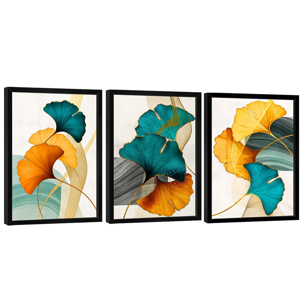Quadro Decorativo Floral Azul Verde e Dourado