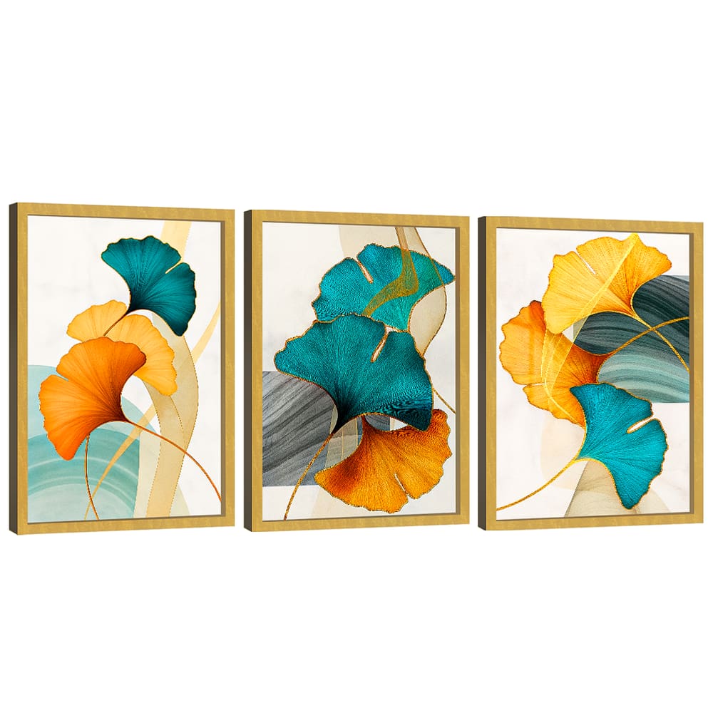 Quadro Decorativo Floral Azul Verde e Dourado