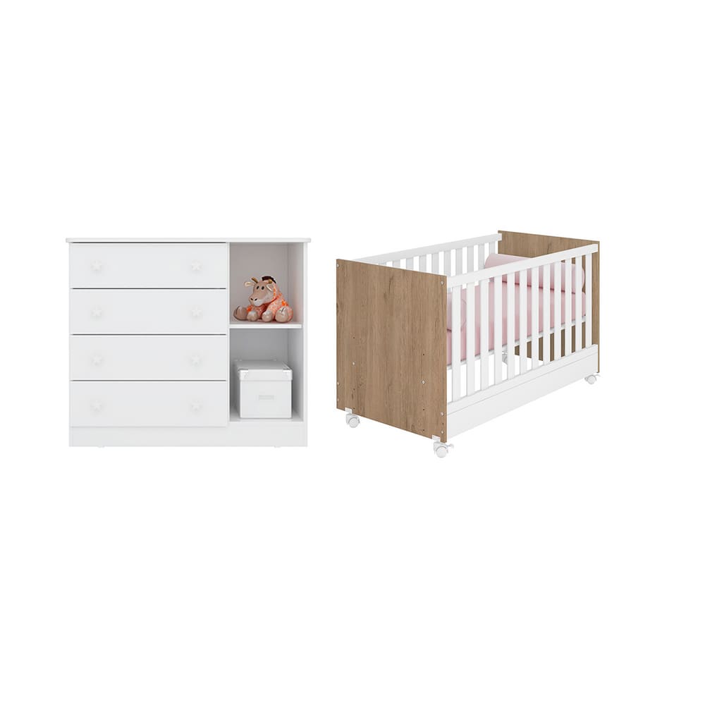 Quarto Infantil com Cômoda e Berço Mini Cama Branco/Carvalho - Qmovi