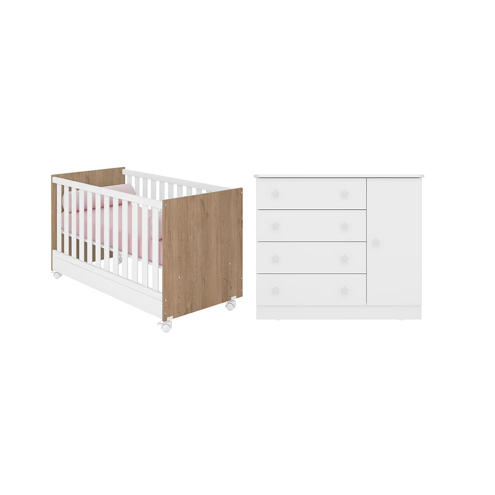 Cômoda com Berço Transformável em Mini Cama Branco e Carvalho Rústico - Qmovi