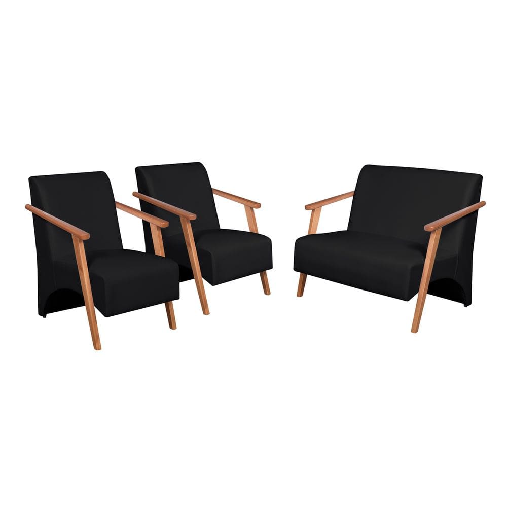 Conjunto Venus Braços em Madeira Maciça 1 Namoradeira 2 Poltronas Courino